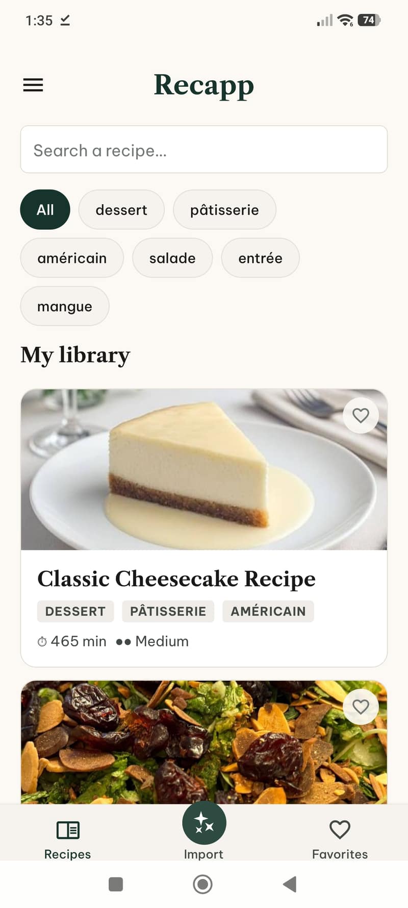 Screenshot of the Recapp app showing the recipe library